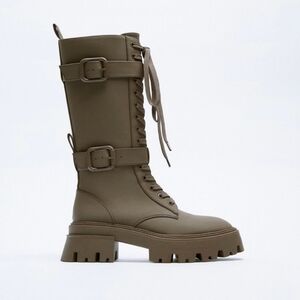 Zara Green Chunky Lace Up Knee High Boots